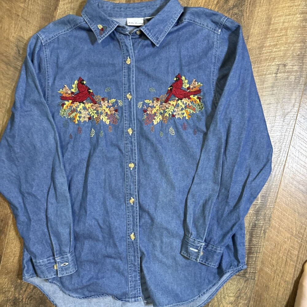 Vintage Bobbie Brooks Blue Denim Embroidered Cardinal Shirt Cottagecore Large